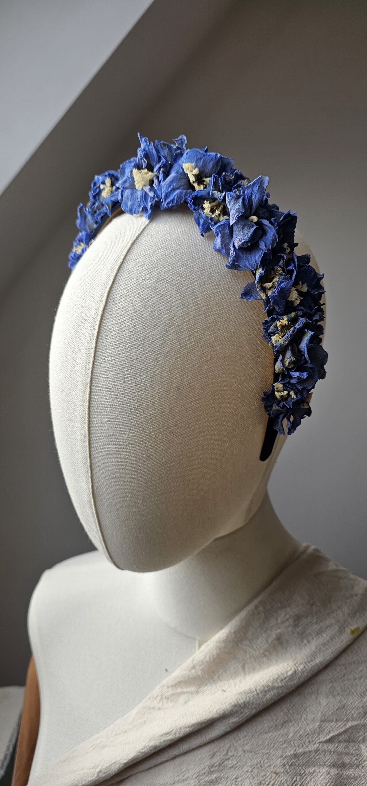 Dried blue delphinium headpiece